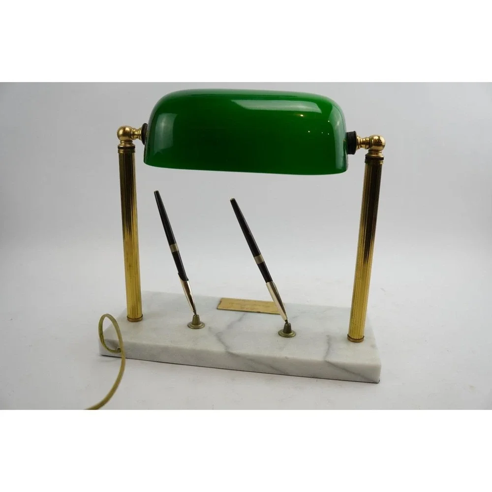 Vintage Bankers Lamp Green Glass Shade Marble Base Dual Pen Holder Desk‎ Light